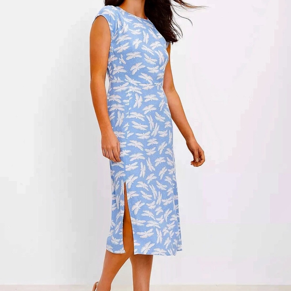 Loft Blue & White Butterfly/Dagonfly  Print Dress Side Slit Size 6 - Picture 10 of 10
